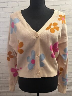 Willow and Wind Women’s Flower-Print V-Neck Cardigan Sweater - Cream size Large
